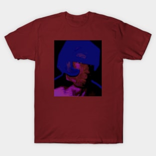 Digital collage, special processing. Strong guy in helmet. Protection, durable. Blue, red and violet. T-Shirt